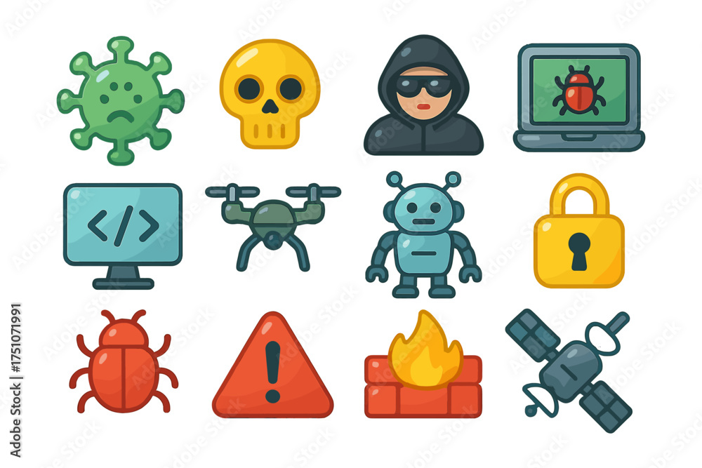 Obraz premium Colorful flat icons of cybersecurity, technology, and warning symbols