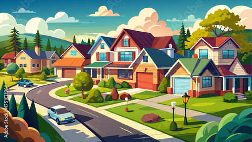 
Very beautiful suburban neighborhood of detached modern family houses lined by the road surrounded by manicured lawns and trees.