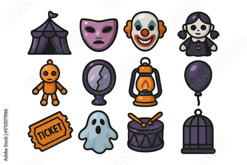 Spooky circus icon set featuring tent, masks, clowns, and halloween elements