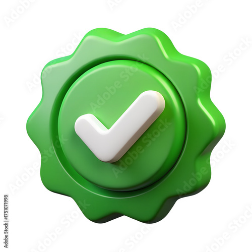 Green seal with white tick icon in 3D render showing verified approval validation or secure status confirmation