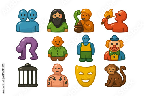 Colorful circus icons set: snake charmer, fire eater, clown, mask, monkey