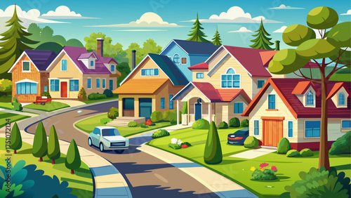 
Very beautiful suburban neighborhood of detached modern family houses lined by the road surrounded by manicured lawns and trees.