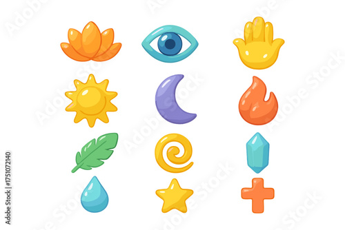Colorful glossy icons set featuring nature elements and symbolic shapes