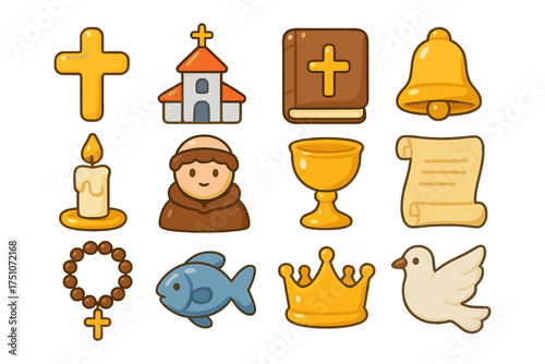 Colorful christian symbols set: cross, church, bible, candle, dove, rosary