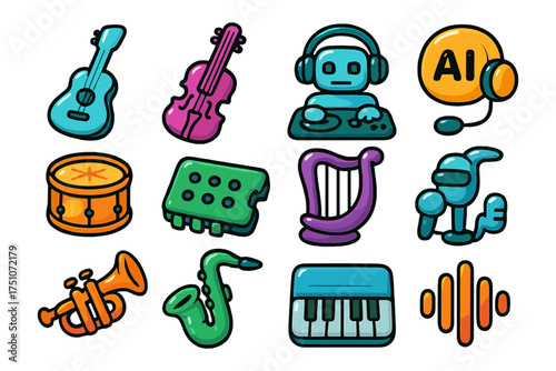 Colorful music and technology icons with ai and robot dj