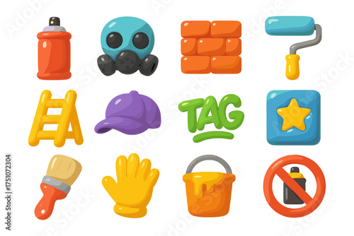Cartoon graffiti elements: spray paint, gas mask, tags, brick wall, roller, cap, ladder