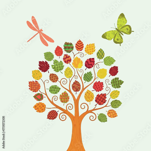 A vector illustration vector art of stylized tree with colorful autumn leaves, butterfly, and dragonfly
