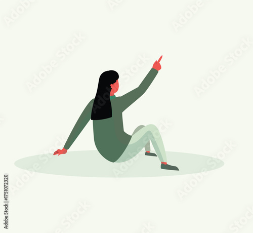 Woman Sitting and Pointing Upwards