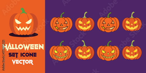 Spooky halloween pumpkin icons set diverse jack-o-lantern faces festive seasonal autumn harvest decorations celebrations