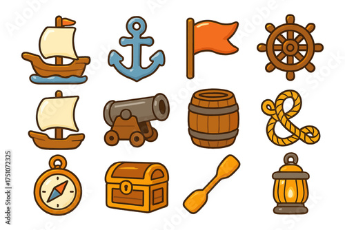 Cartoon pirate icons: ship, anchor, treasure, and more nautical symbols