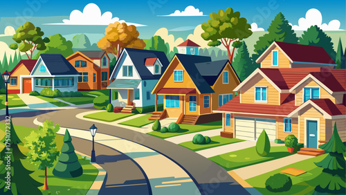 
Very beautiful suburban neighborhood of detached modern family houses lined by the road surrounded by manicured lawns and trees.