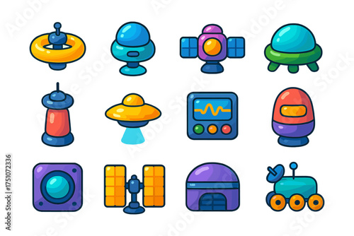 Colorful cartoon futuristic space icons set