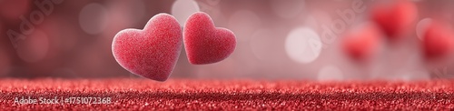 Two red hearts on glitter background, romantic still life for Saint Valentine celebration with copy space