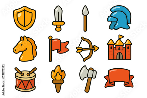 Medieval icons collection: shields, swords, castles, and more in flat design
