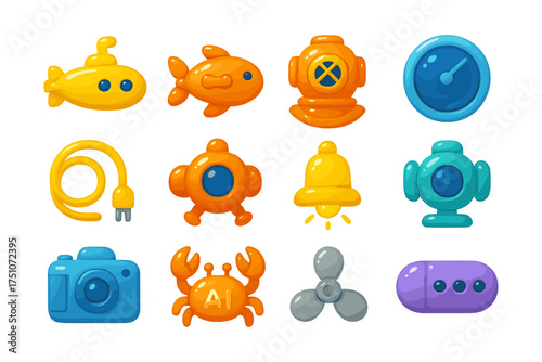 Colorful cartoon sea exploration icons with submarines and diving equipment