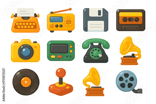 Retro gadgets icons set featuring typewriter, radio, camera, and more in flat style