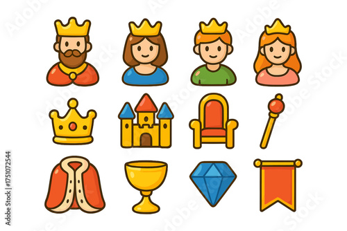 Cartoon royal icons set featuring kings, queens, and majestic elements