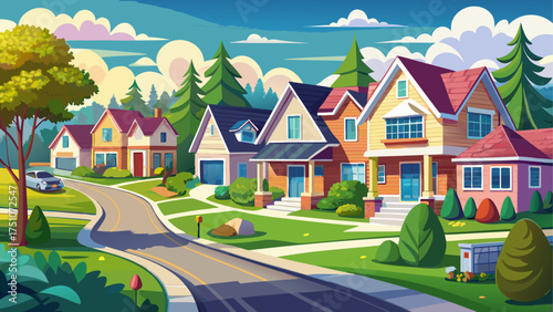 
Very beautiful suburban neighborhood of detached modern family houses lined by the road surrounded by manicured lawns and trees.