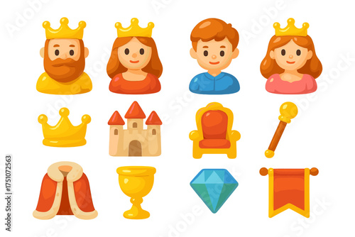 Cartoon royal characters and objects set for kids' fairy tales