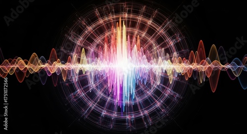Vibrant abstract visualization of a sound wave with a central light burst and radiating colorful rings.