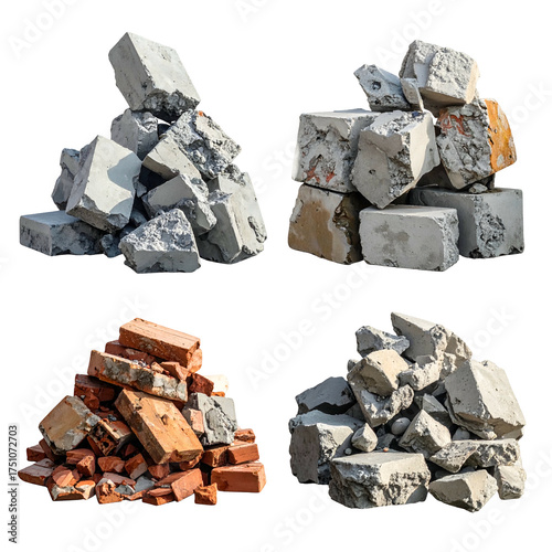 Four separate piles of broken concrete and brick debris, some with orange patches, against a black background