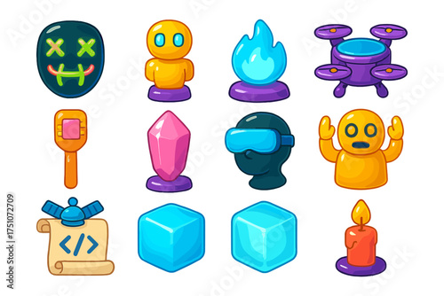 Colorful cartoon game icons featuring characters, objects, and elements in a playful style