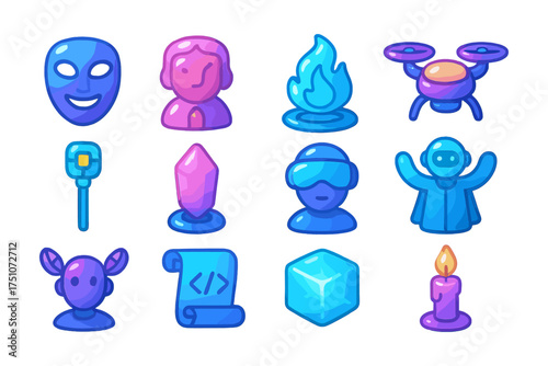 Colorful cartoon icons set featuring masks, crystals, flame, drone, and scroll