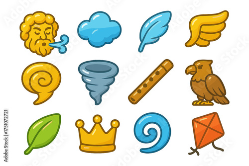Cartoon weather and nature icons with mythical elements