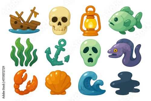 Cartoon nautical icons: pirate ship, skull, sea creatures, and ocean elements