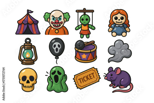 Creepy carnival icons: circus tent, clown, puppet, and more for halloween designs