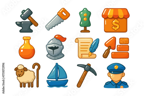 Colorful cartoon medieval and craft icons set with tools and characters
