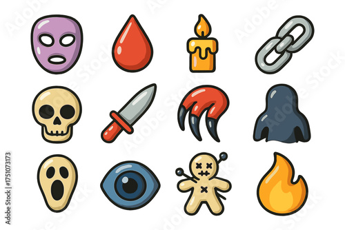 Colorful halloween icons collection: masks, candles, skulls, and more