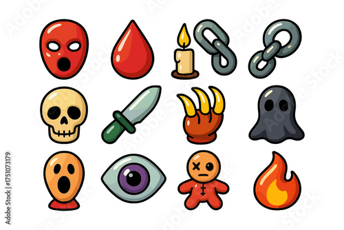 Colorful cartoon halloween icons set with mask, skull, and ghost elements