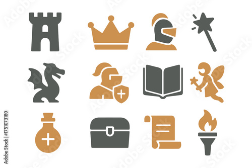 Medieval icons set featuring knights, dragons, and magic elements in flat design
