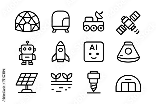 Simple outline icons of future technology and innovation themes