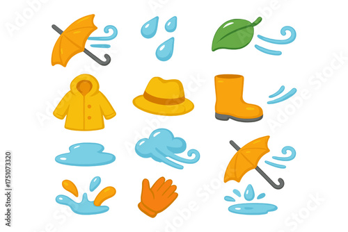 Colorful weather icons with umbrella, raincoat, and clouds in flat design
