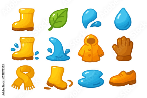 Colorful rainy weather icons: boots, coat, and nature elements on white