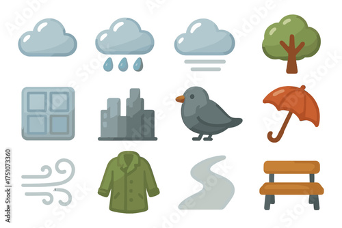 Flat weather and nature icons: clouds, rain, tree, and more