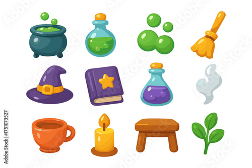 Colorful cartoon witchcraft elements with magical potions and spellbook