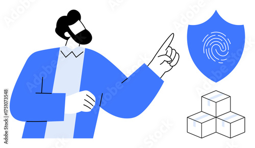 Bearded man gestures towards shield with fingerprint for identity security cubes symbolize structure and management. Ideal for cybersecurity, data protection, organization, technology, privacy