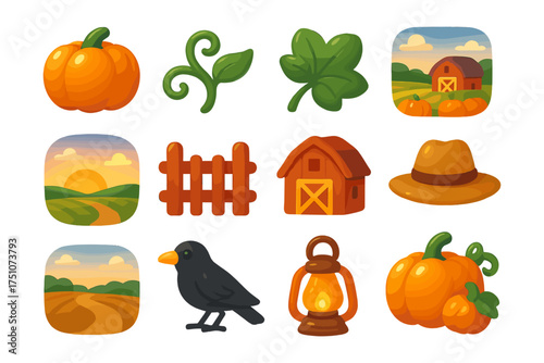 Autumn harvest icons featuring pumpkin, farm, and nature elements