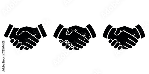 Black and White Handshake Icon Symbolizing Agreement, Partnership, and Collaboration on White