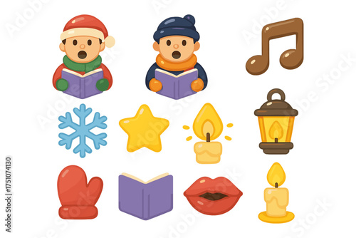 Festive emoji icons: carolers, winter symbols, and warm holiday elements