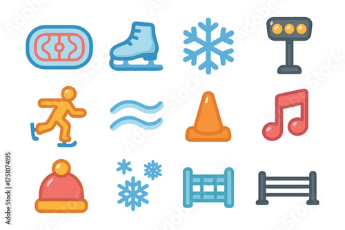 Colorful winter sports icons: skating, snowflakes, and more for seasonal graphics