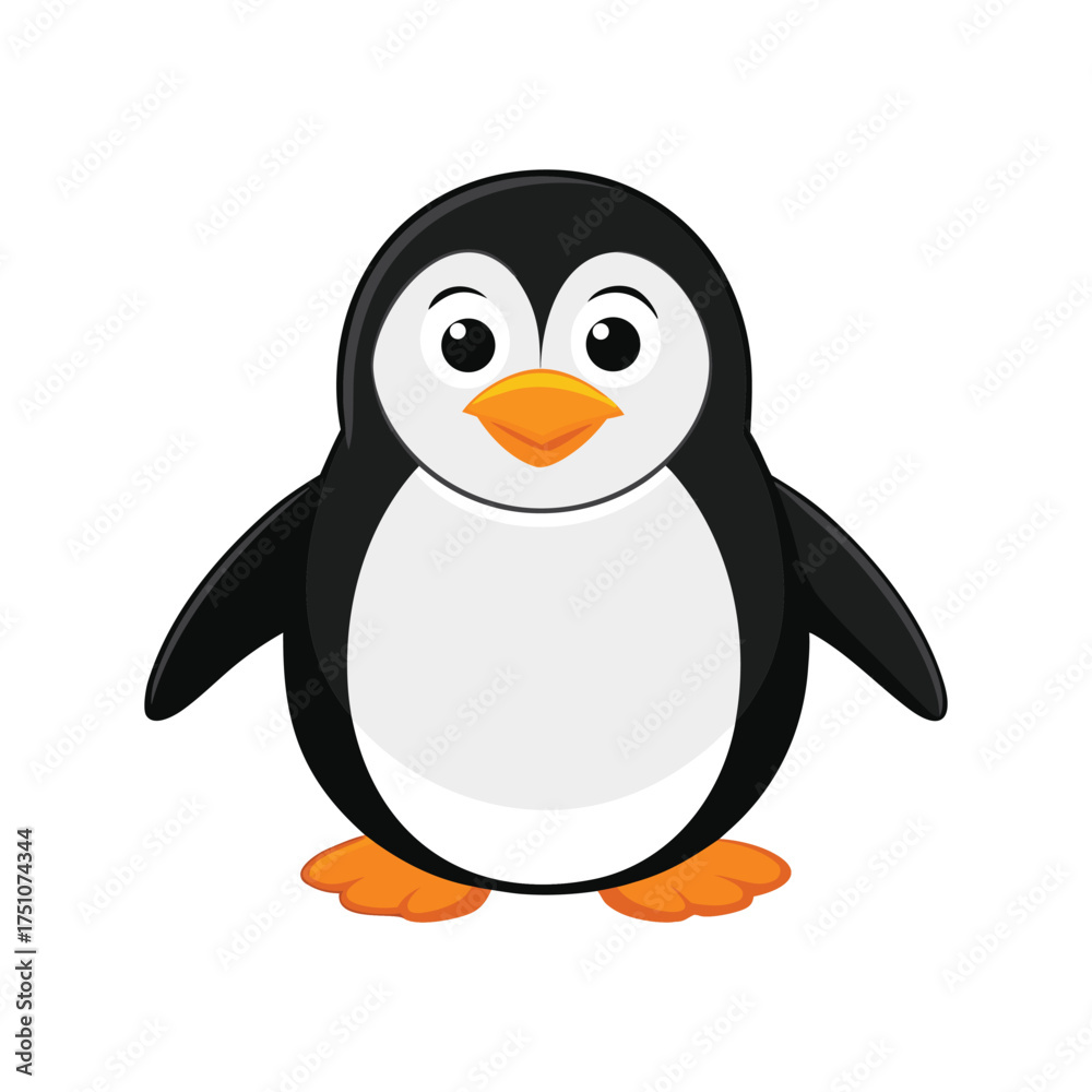 Obraz premium Cute cartoon penguin standing with wings spread on a white background