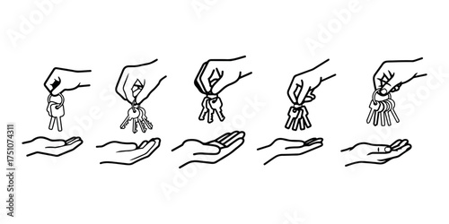 Handing Over Keys to New Owner Hand Gesture Line Art Icon Set on White Background Vector