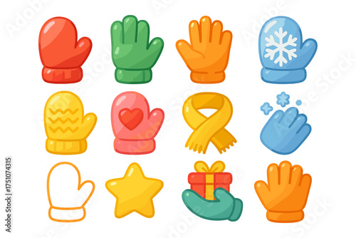 Colorful winter mittens set with decorative icons and accessories
