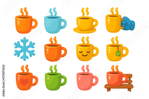 Colorful cartoon coffee mugs set with fun expressions and patterns