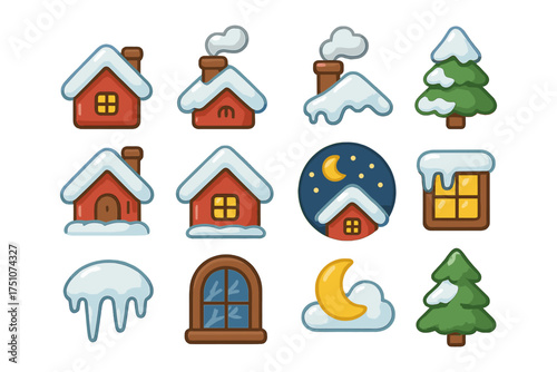 Cute winter icons with snowy houses, trees, and night sky elements
