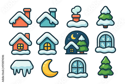 Winter icons set: cozy houses, snowy trees, and charming nighttime elements